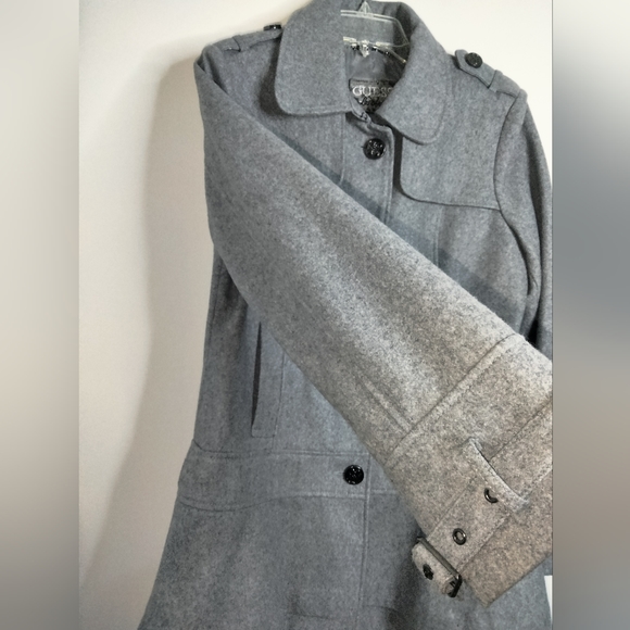 Guess (Size L) Gray Ruffle Layered Hem Wool Blend Button Down Belted Cuff Coat - Picture 6 of 16